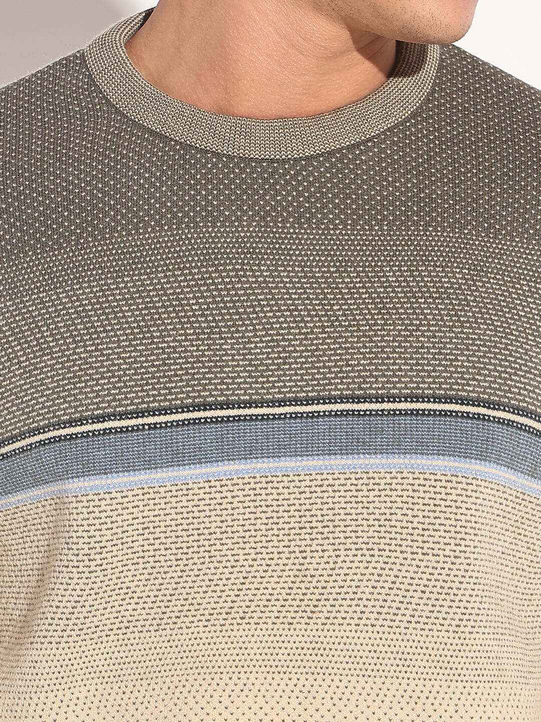 Men's Colourblocked Beige Ribbed Round Neck Sweater