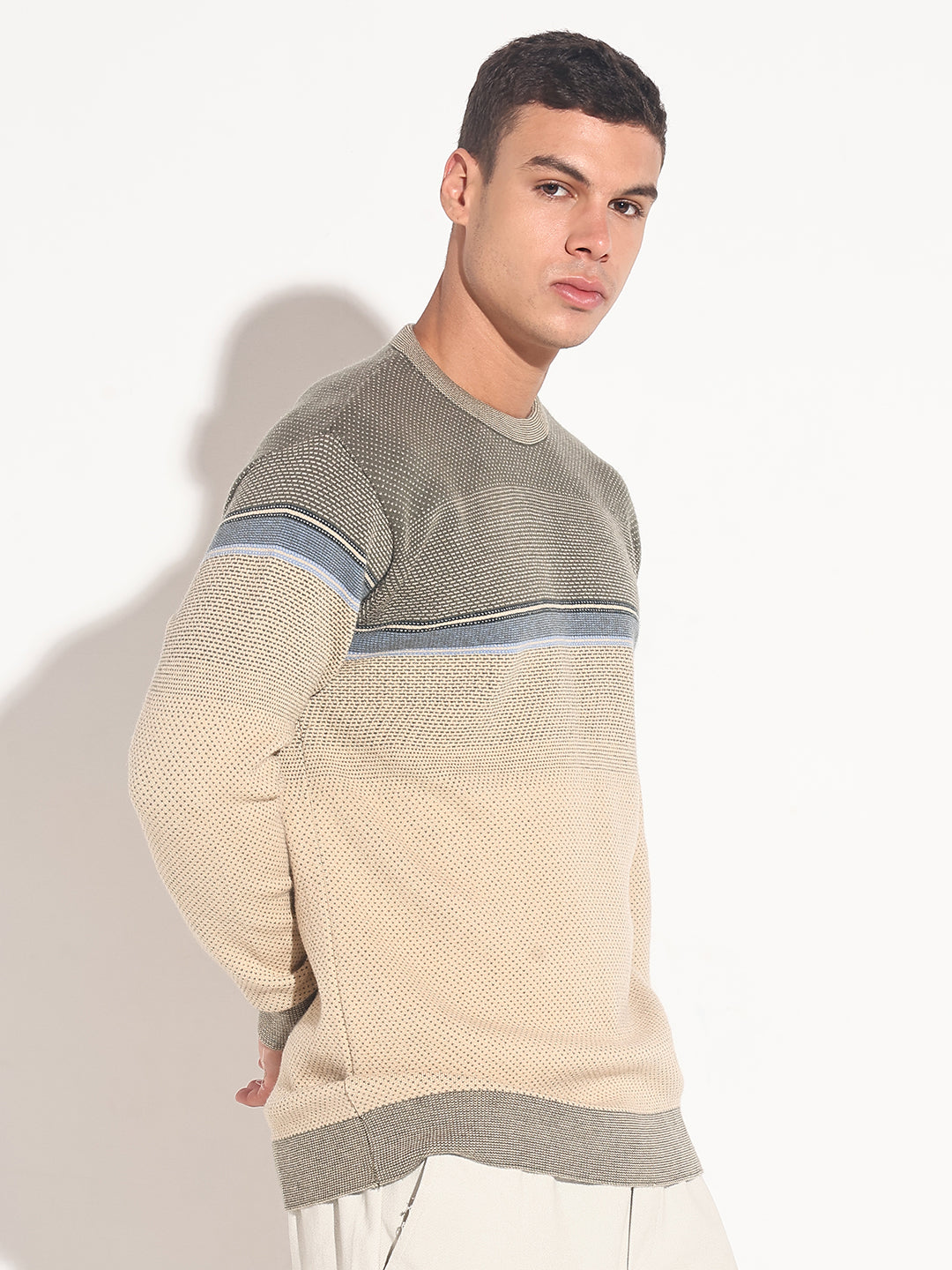 Men's Colourblocked Beige Ribbed Round Neck Sweater