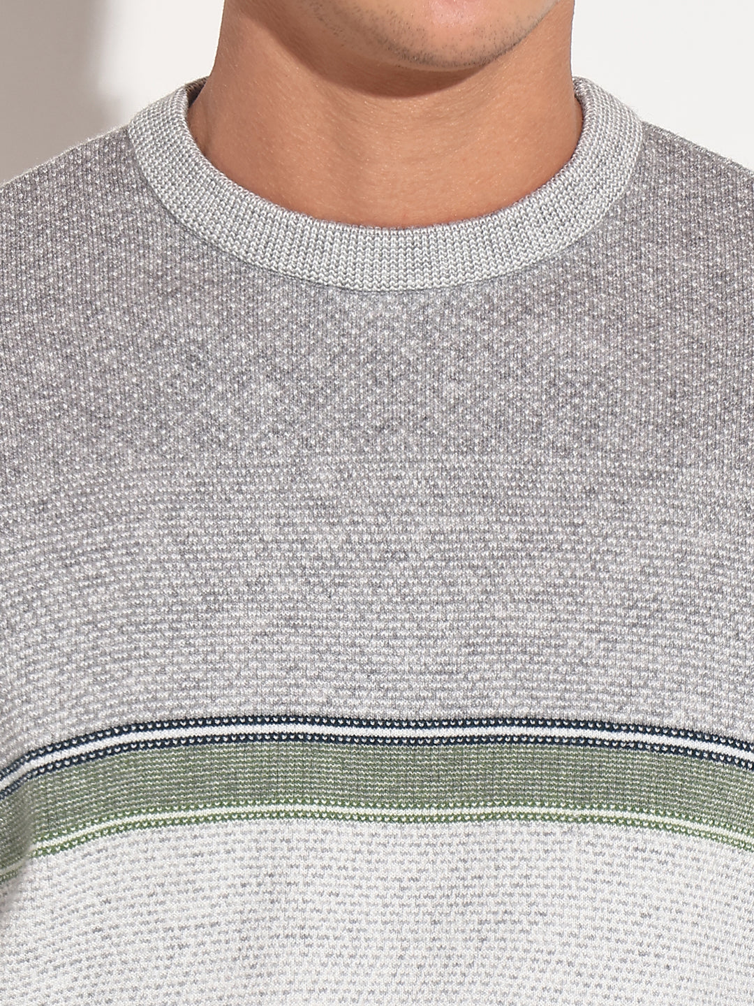 Men's Colourblocked Grey Ribbed Round Neck Sweater
