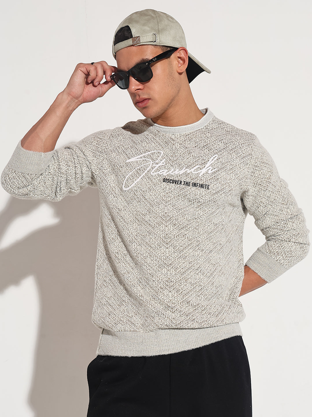 Men's Typography Beige Ribbed Round Neck Sweater