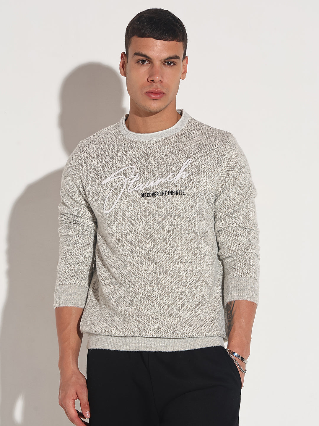 Men's Typography Beige Ribbed Round Neck Sweater