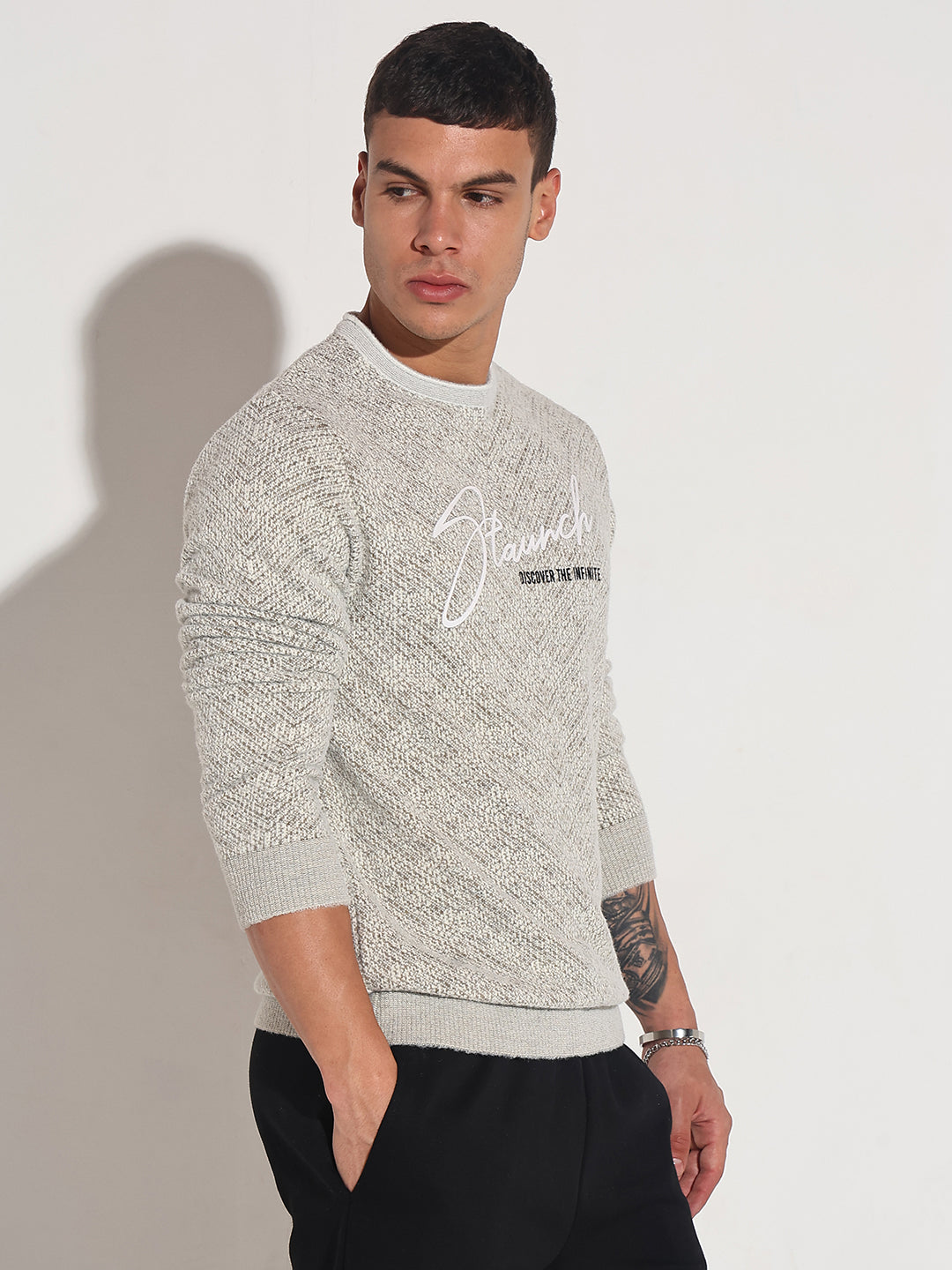 Men's Typography Beige Ribbed Round Neck Sweater
