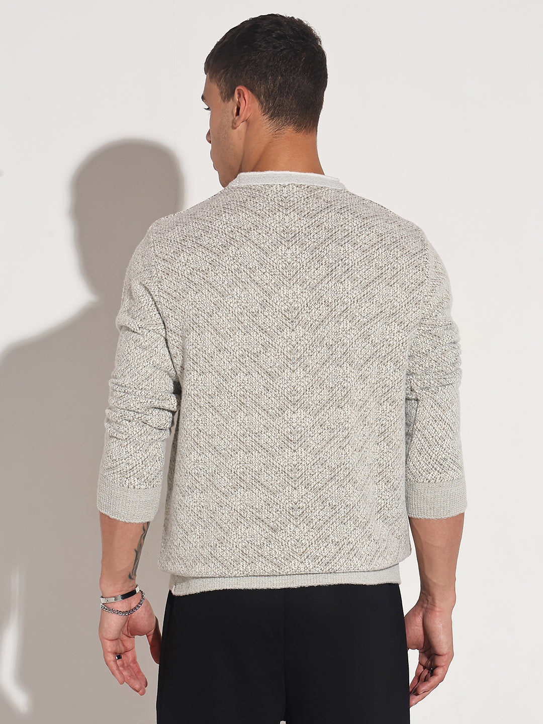 Men's Typography Beige Ribbed Round Neck Sweater