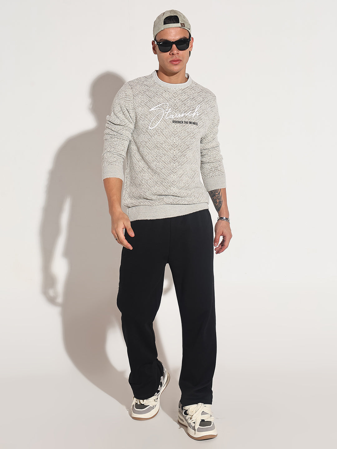 Men's Typography Beige Ribbed Round Neck Sweater