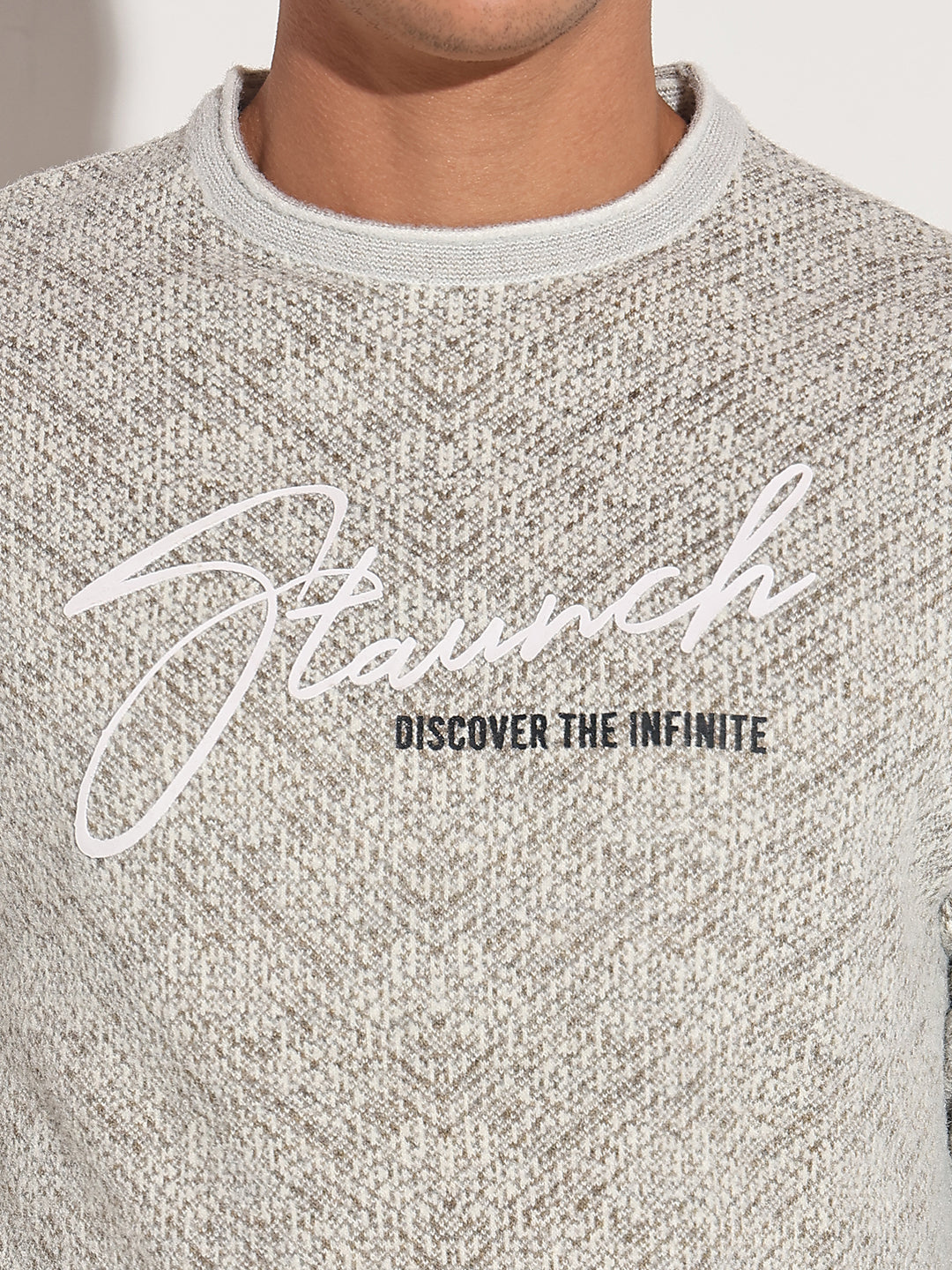 Men's Typography Beige Ribbed Round Neck Sweater