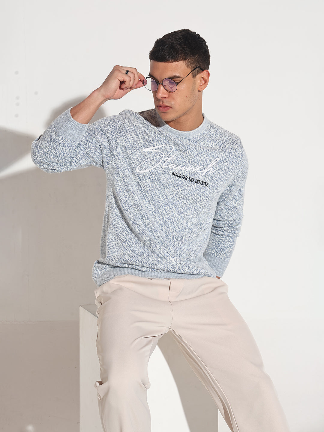 Men's Typography Blue Ribbed Round Neck Sweater