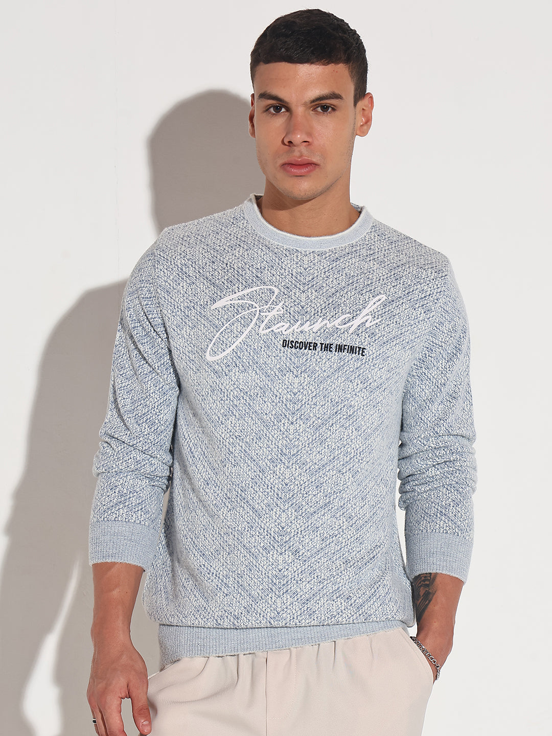 Men's Typography Blue Ribbed Round Neck Sweater