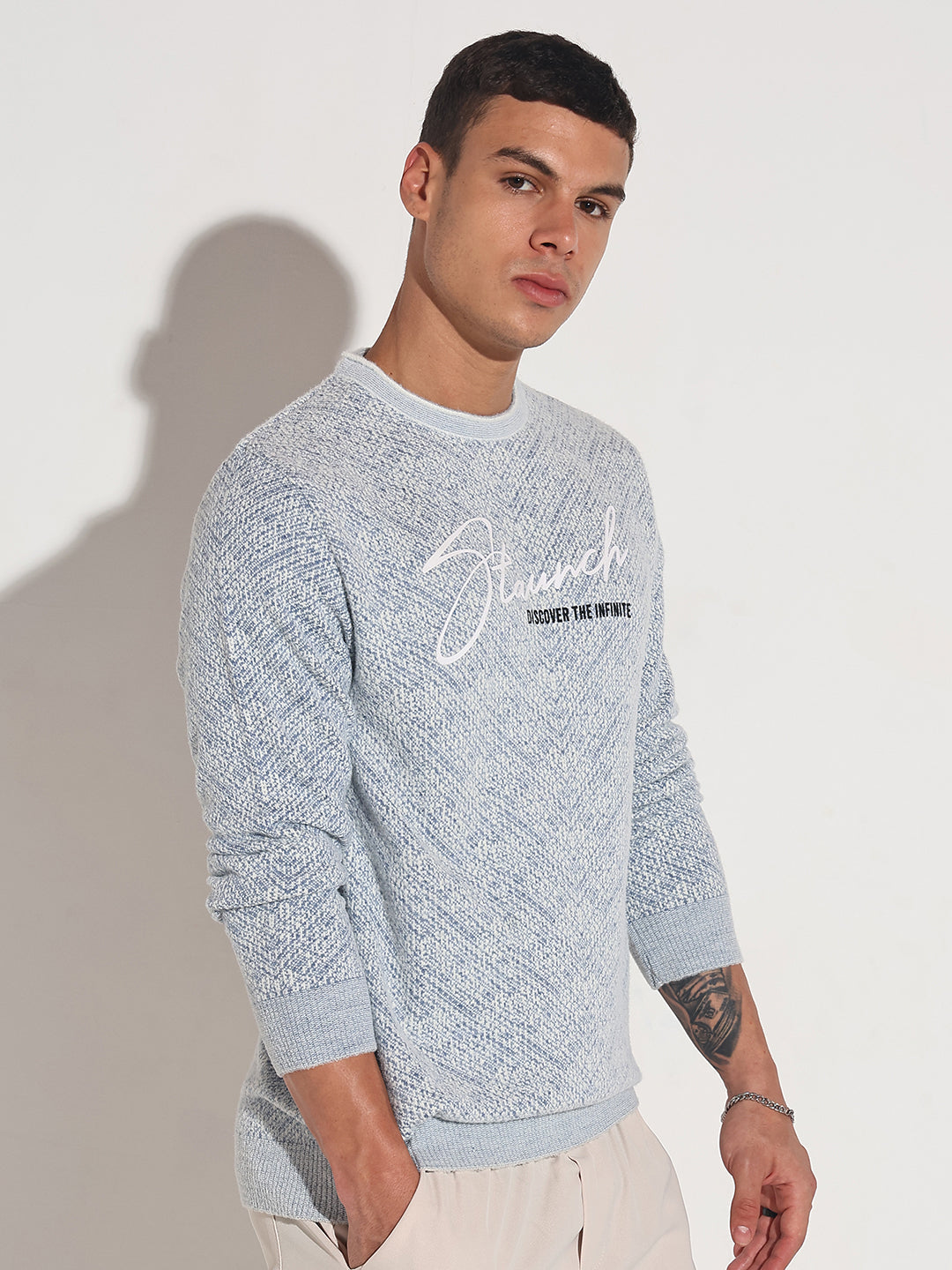 Men's Typography Blue Ribbed Round Neck Sweater