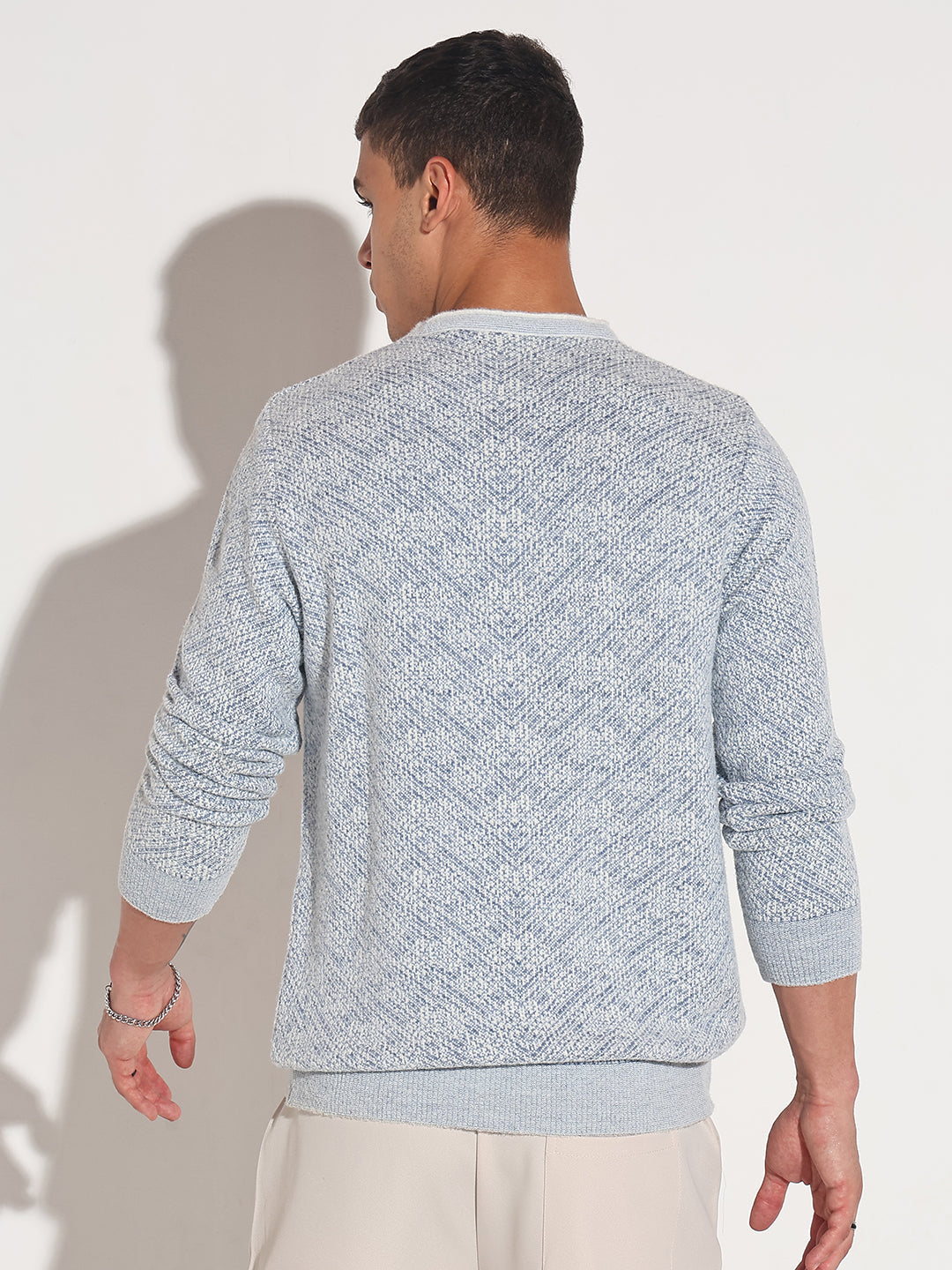 Men's Typography Blue Ribbed Round Neck Sweater