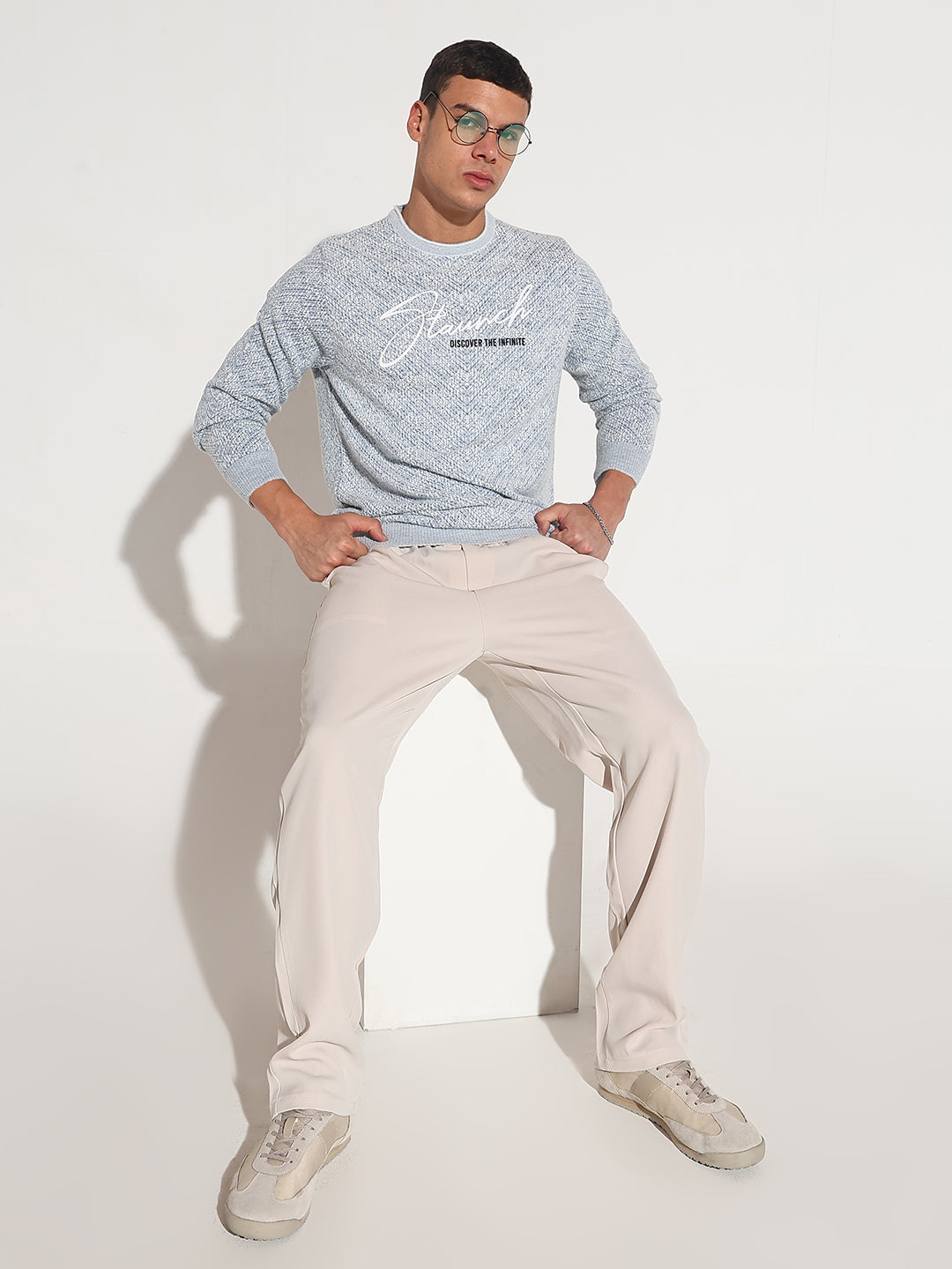 Men's Typography Blue Ribbed Round Neck Sweater