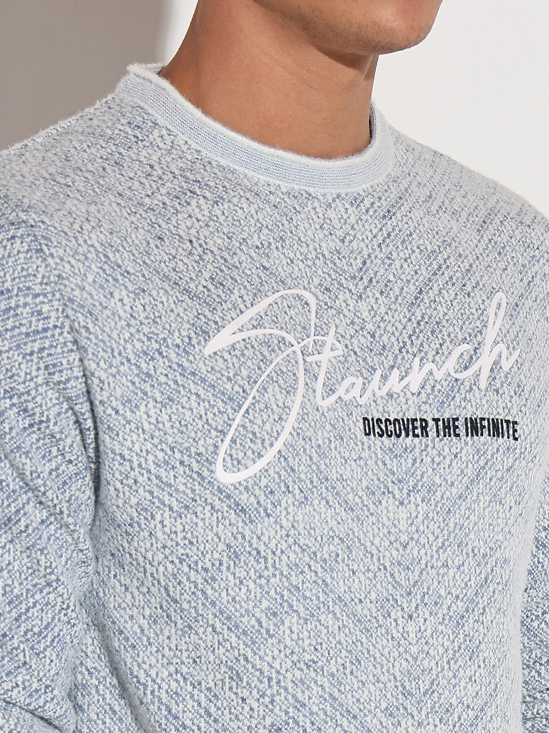 Men's Typography Blue Ribbed Round Neck Sweater