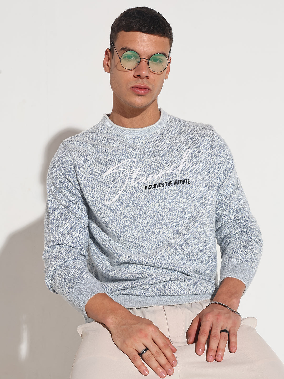Men's Typography Blue Ribbed Round Neck Sweater