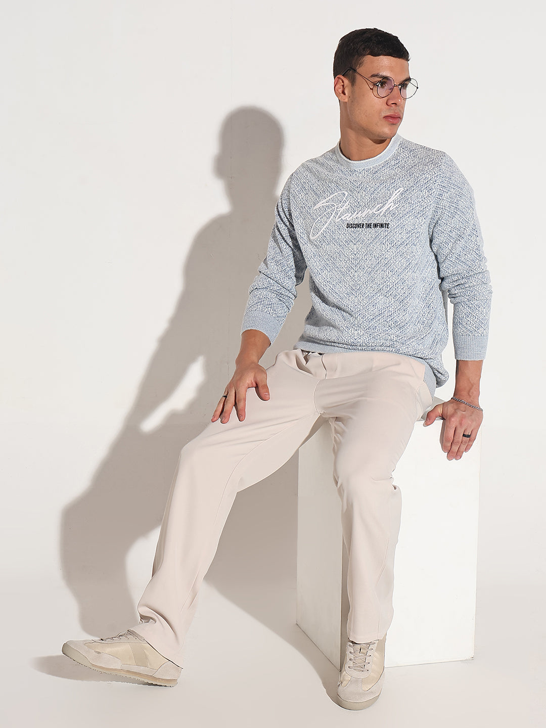 Men's Typography Blue Ribbed Round Neck Sweater