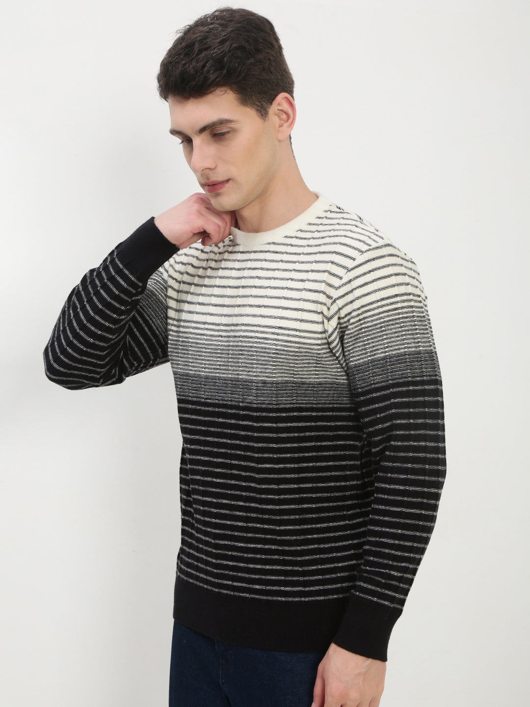 Men's Black Round Neck Striped Sweater