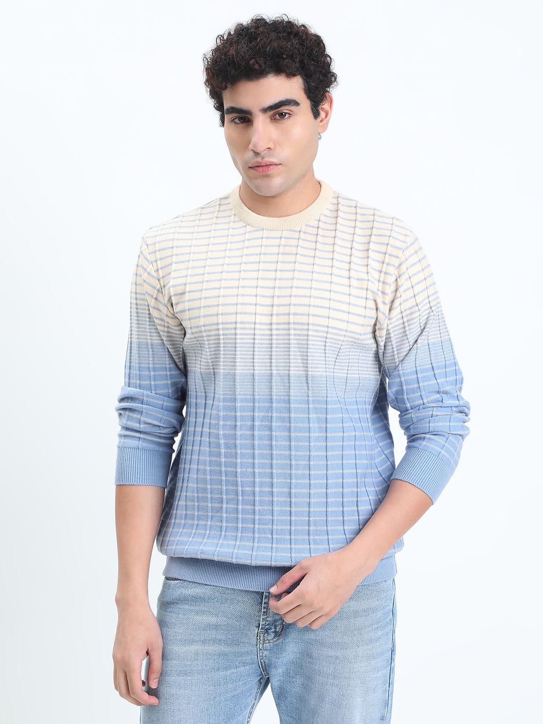 Men's Textured Blue Ombre Ribbed Round Neck Sweater