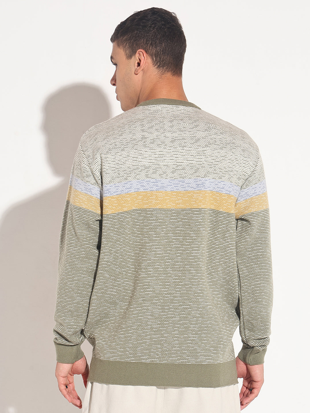 Men's Striped Green Ribbed Round Neck Sweater