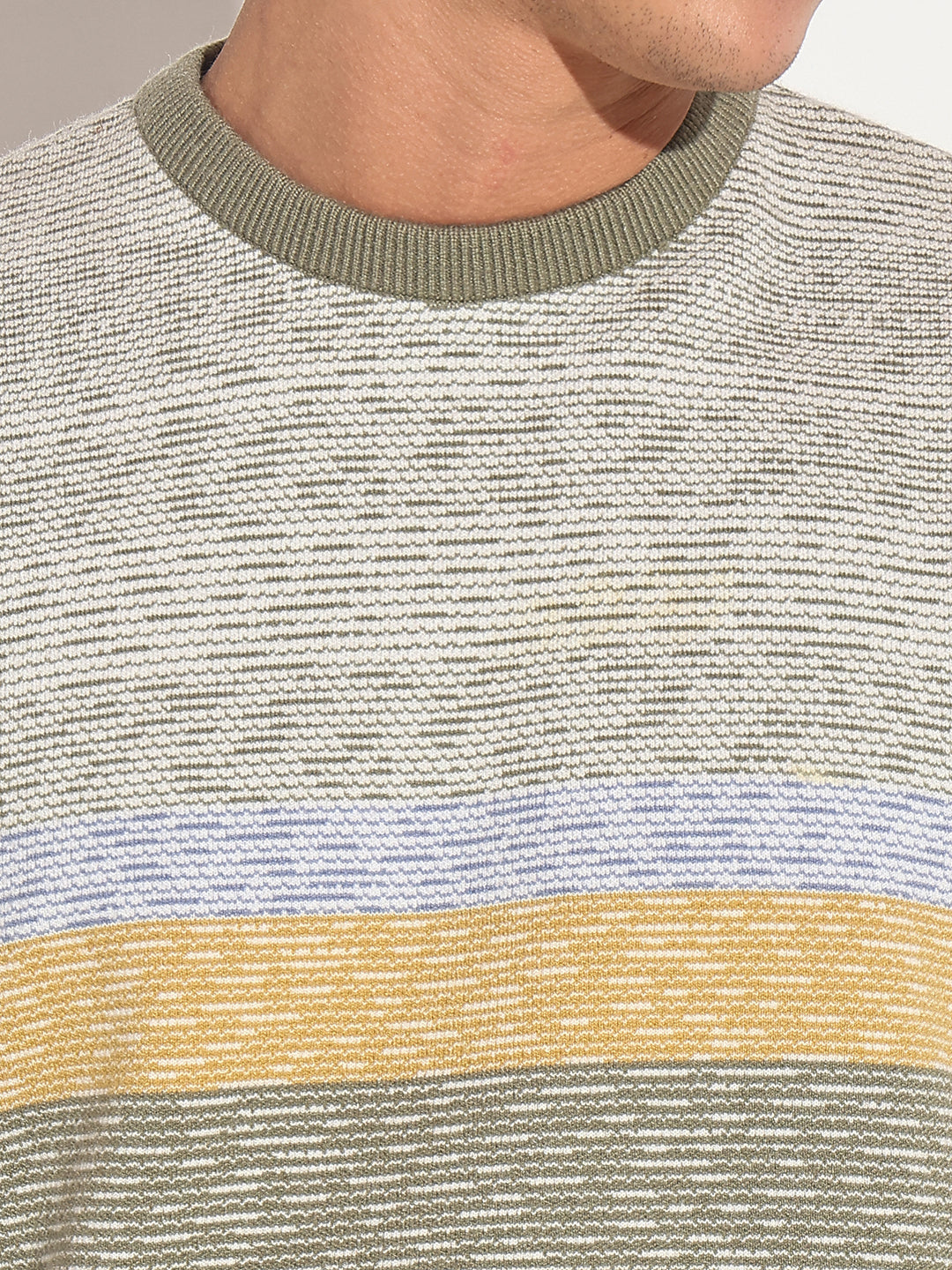 Men's Striped Green Ribbed Round Neck Sweater