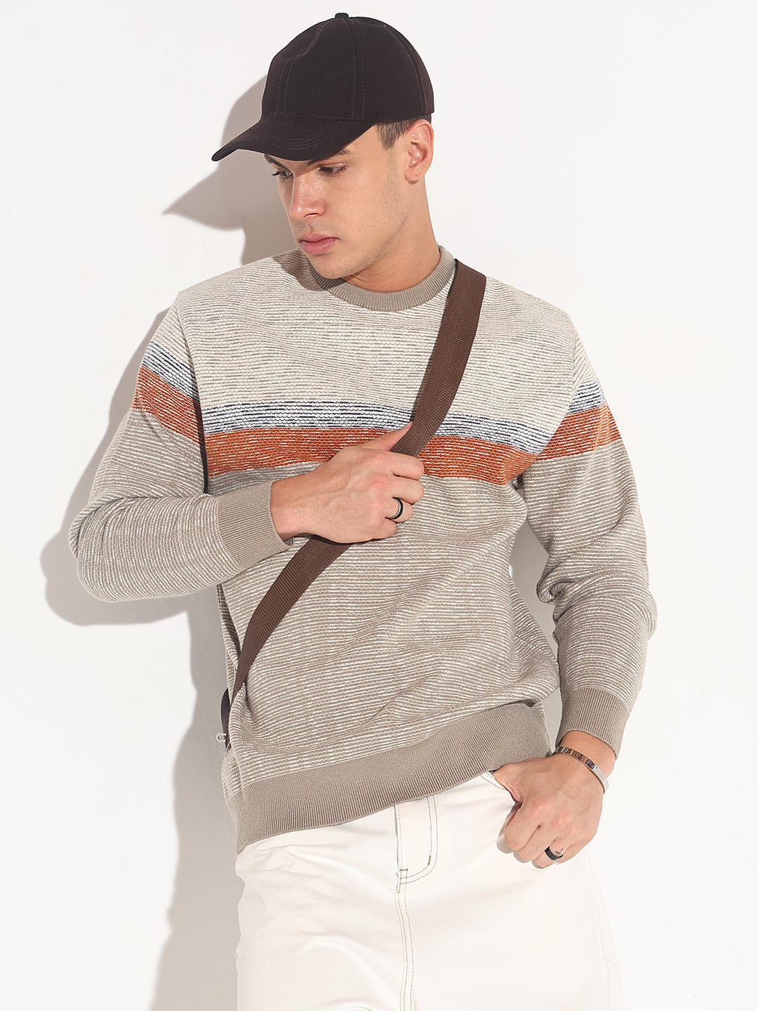Men's Striped Grey Ribbed Round Neck Sweater