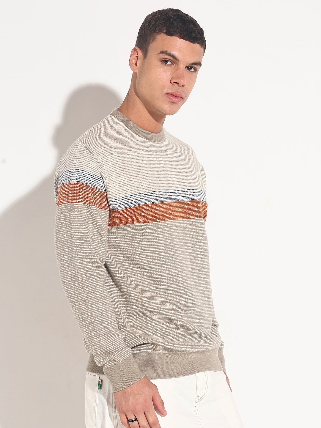 Men's Striped Grey Ribbed Round Neck Sweater