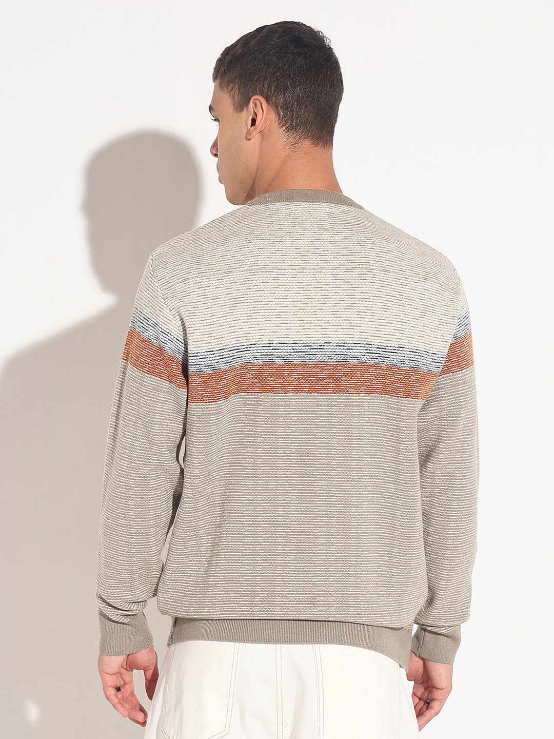 Men's Striped Grey Ribbed Round Neck Sweater