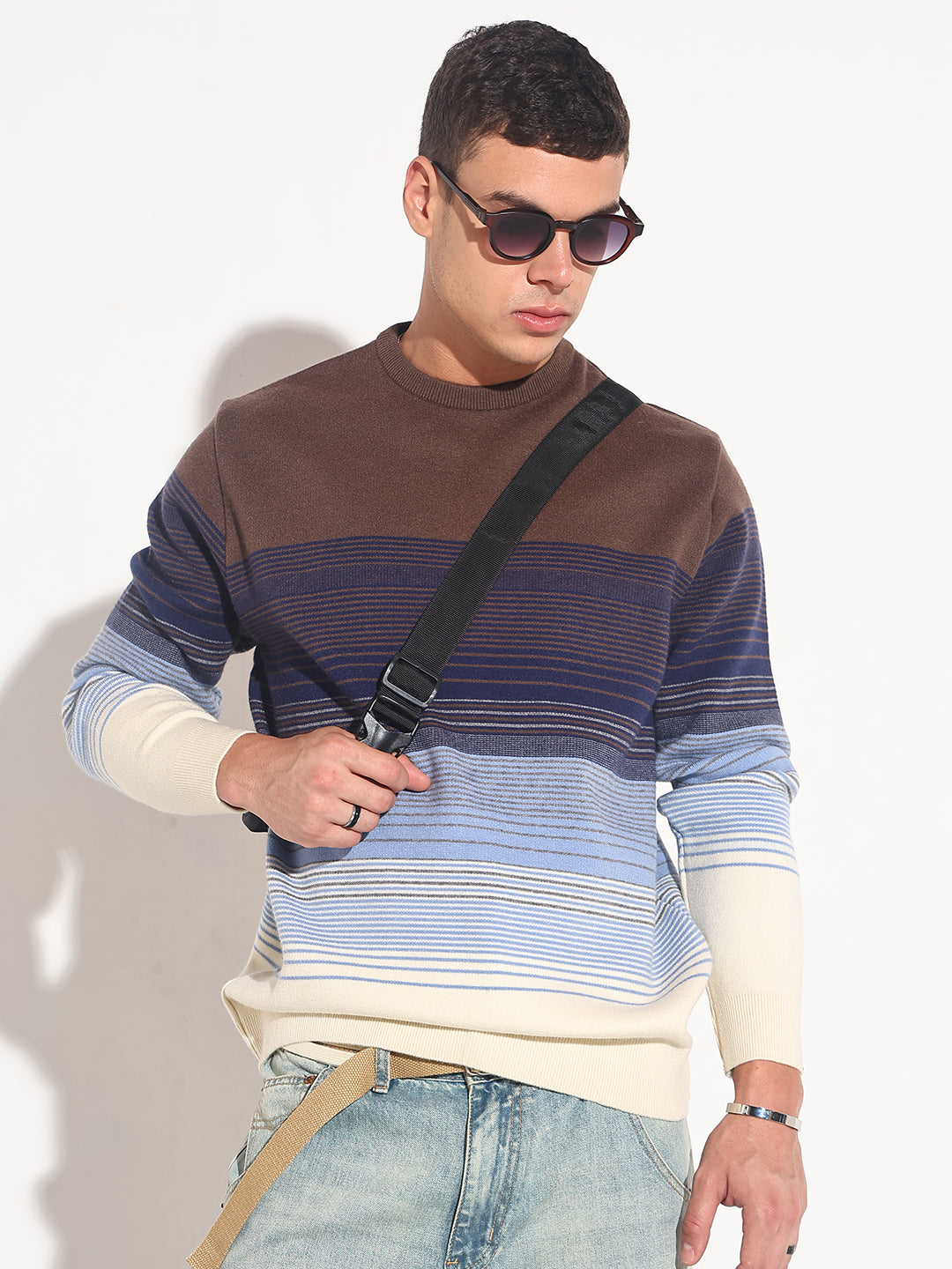 Men's Striped Brown Ribbed Round Neck Sweater