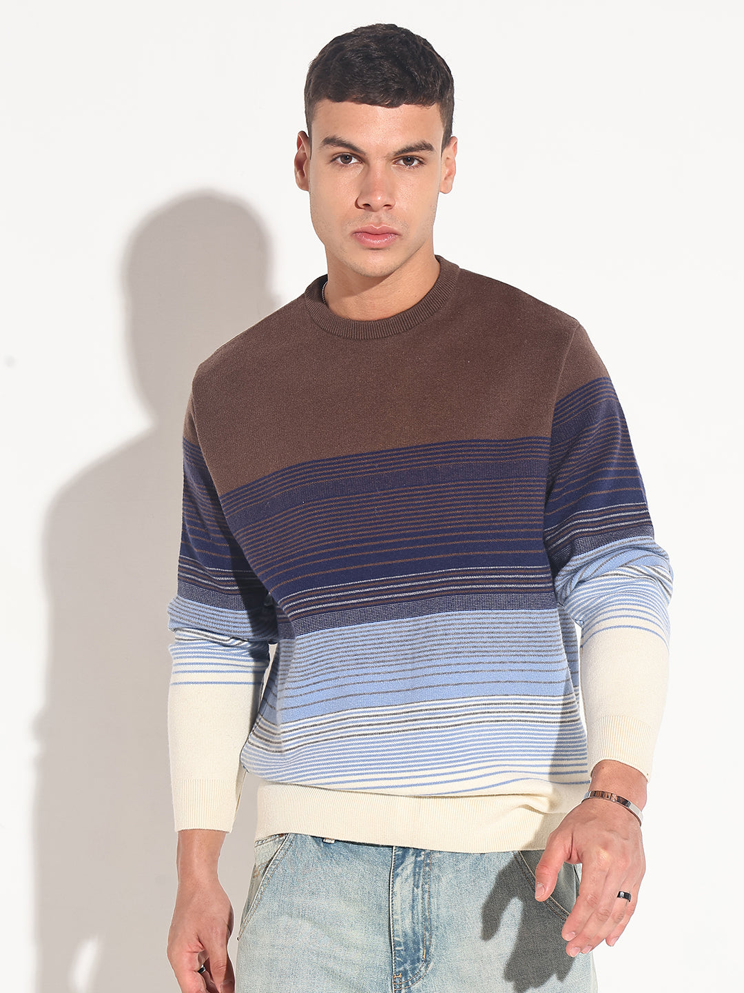 Men's Striped Brown Ribbed Round Neck Sweater
