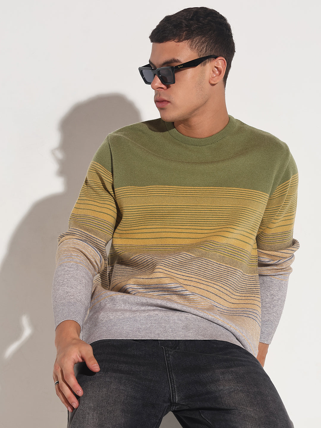 Men's Striped Green Ribbed Round Neck Sweater