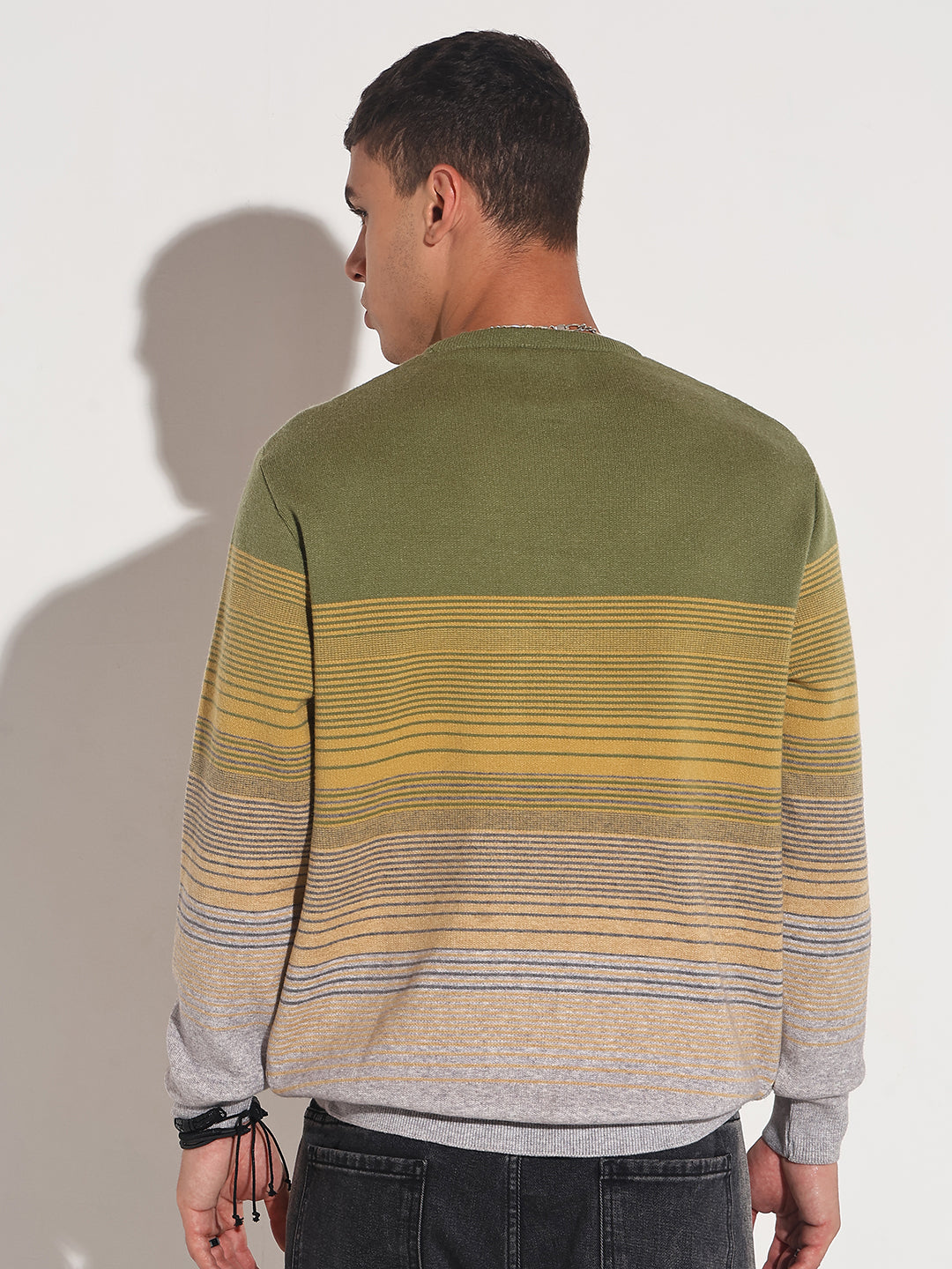 Men's Striped Green Ribbed Round Neck Sweater