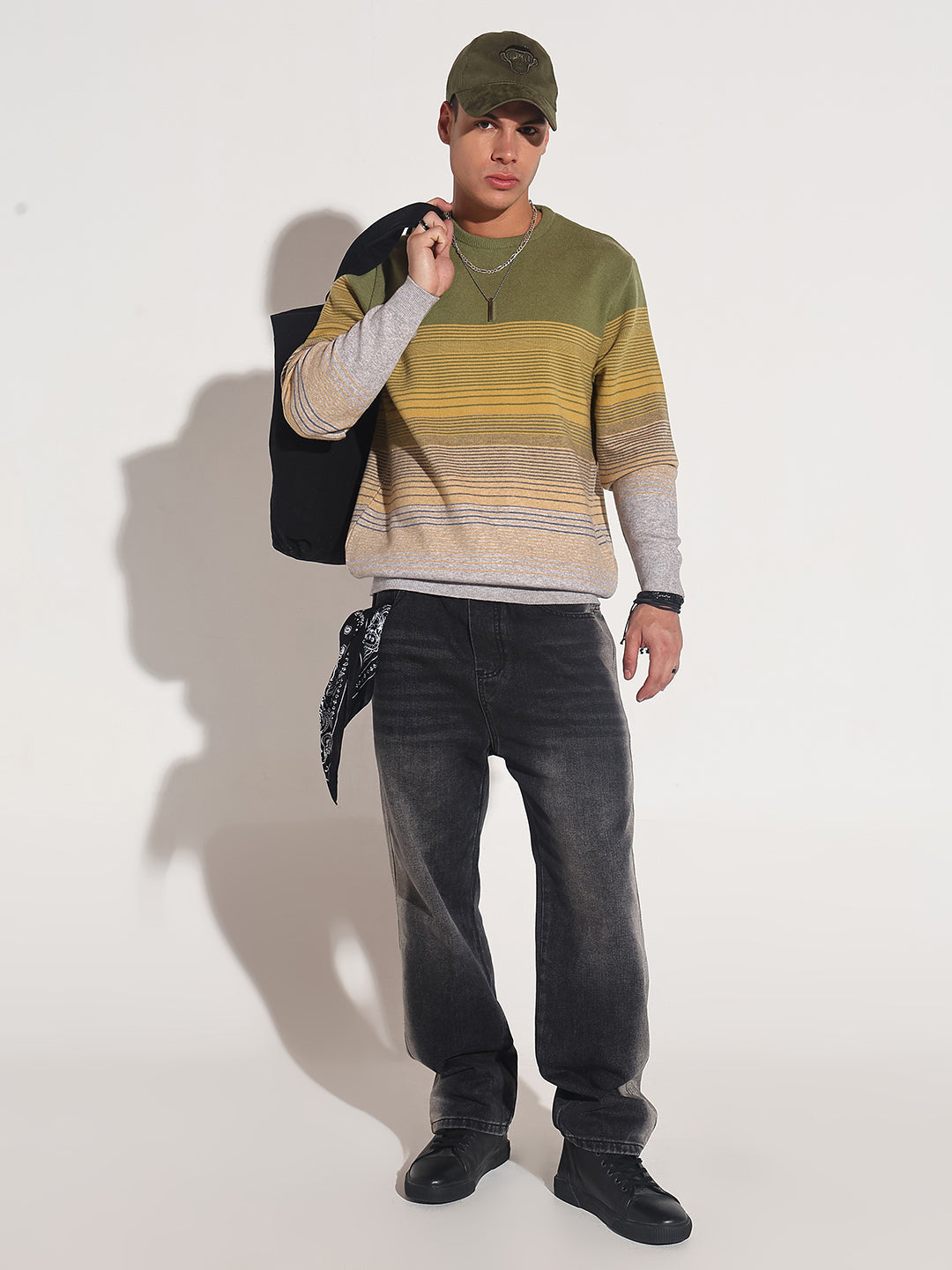 Men's Striped Green Ribbed Round Neck Sweater
