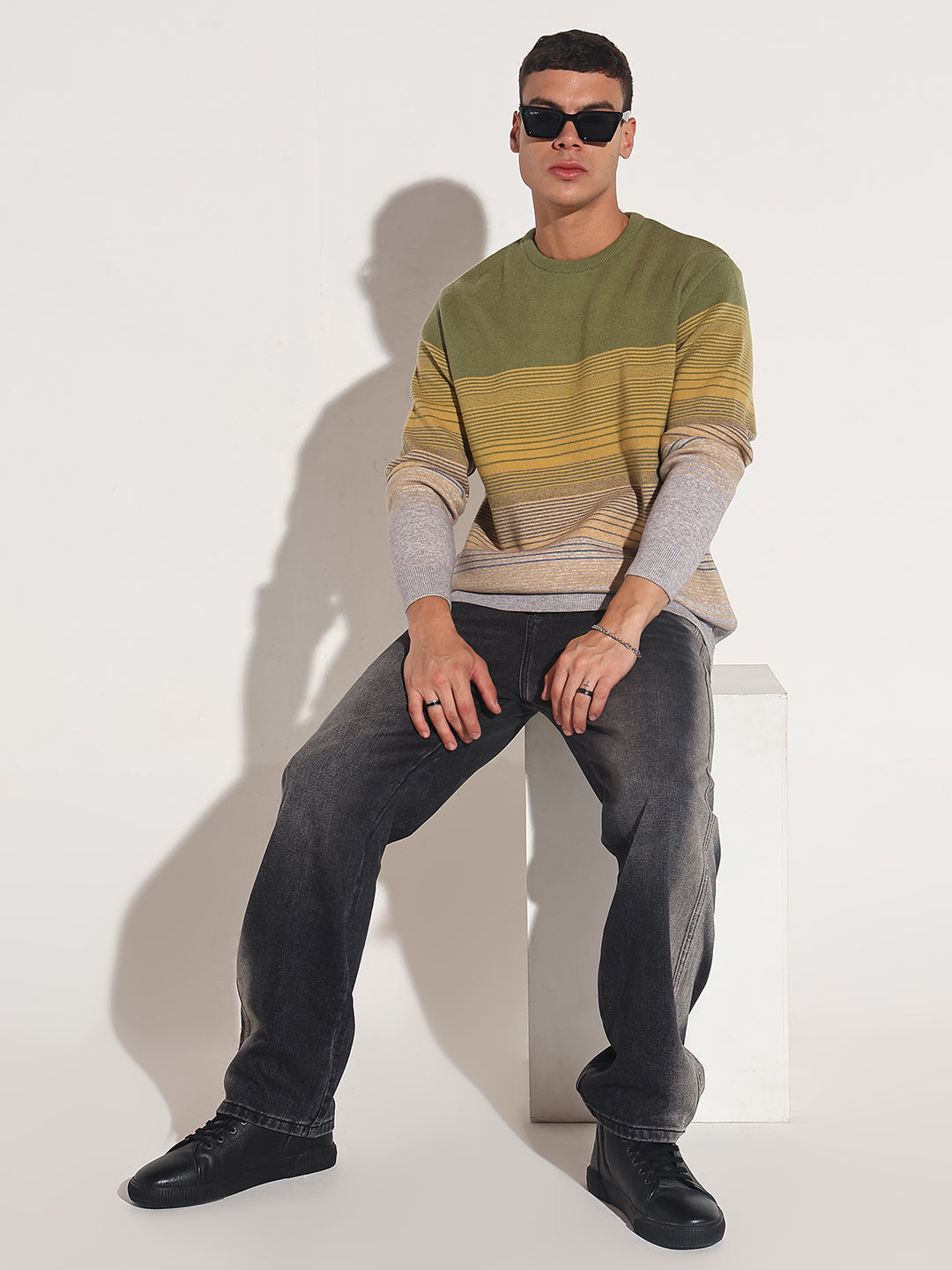 Men's Striped Green Ribbed Round Neck Sweater