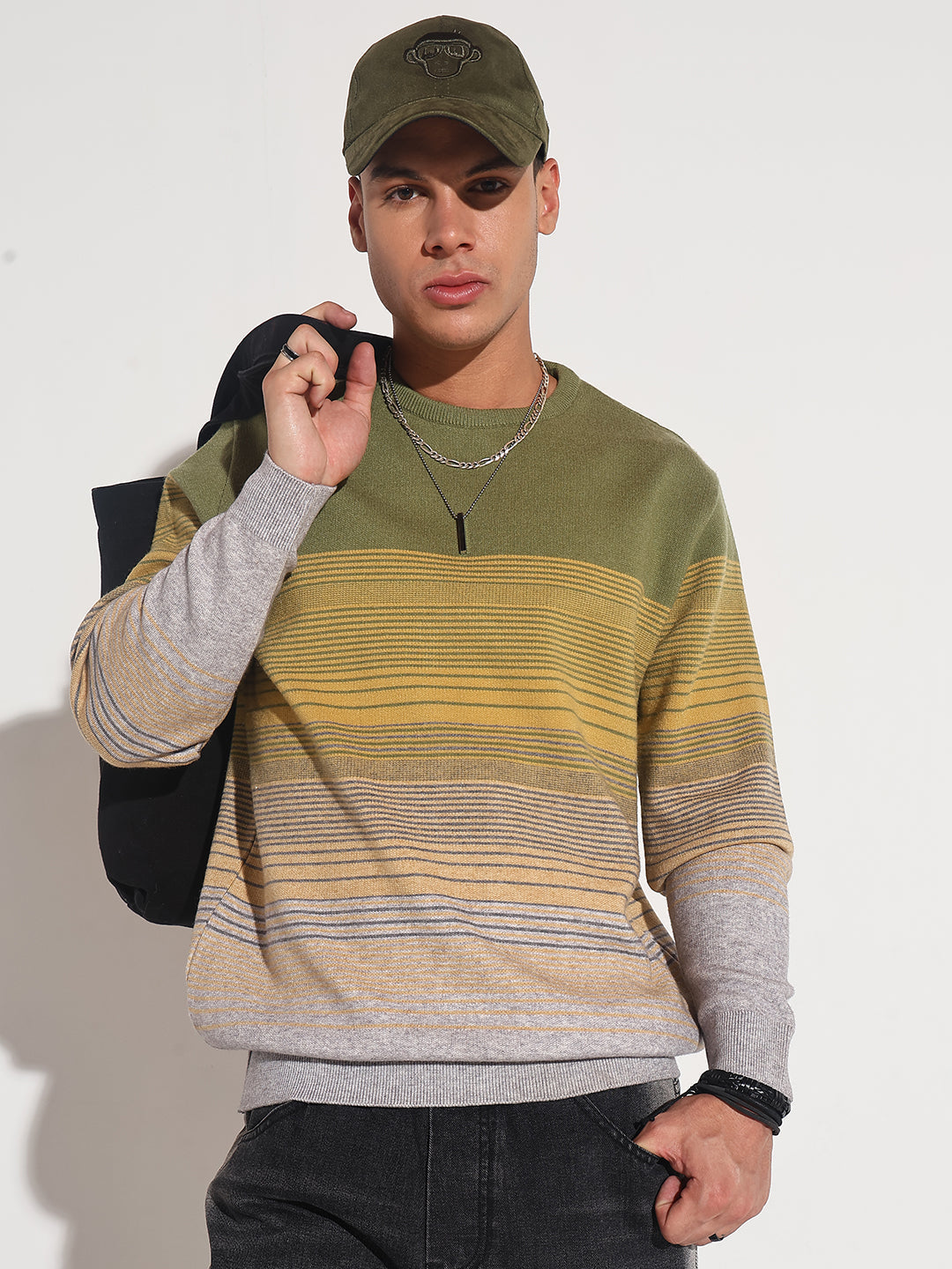 Men's Striped Green Ribbed Round Neck Sweater