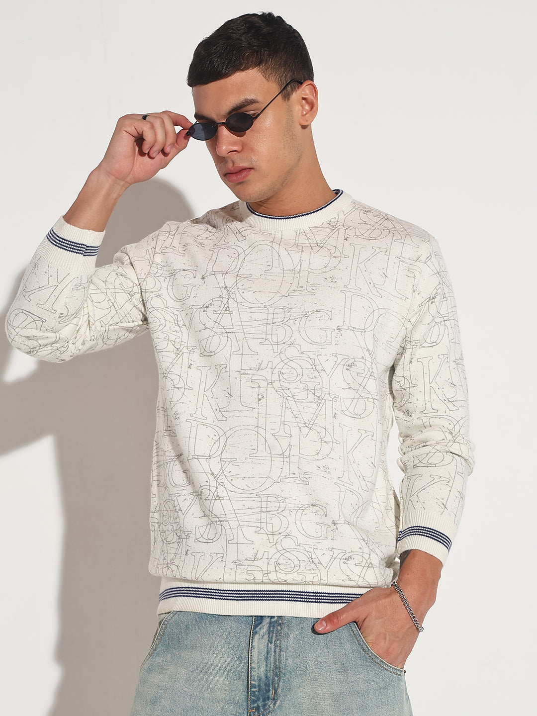 Men's Typography Off White Ribbed Round Neck Sweater