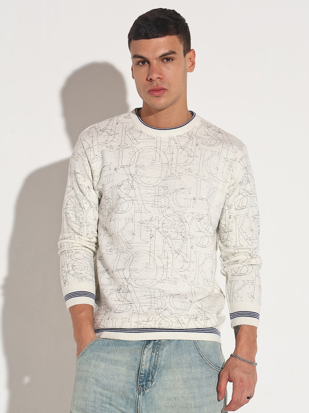 Men's Typography Off White Ribbed Round Neck Sweater