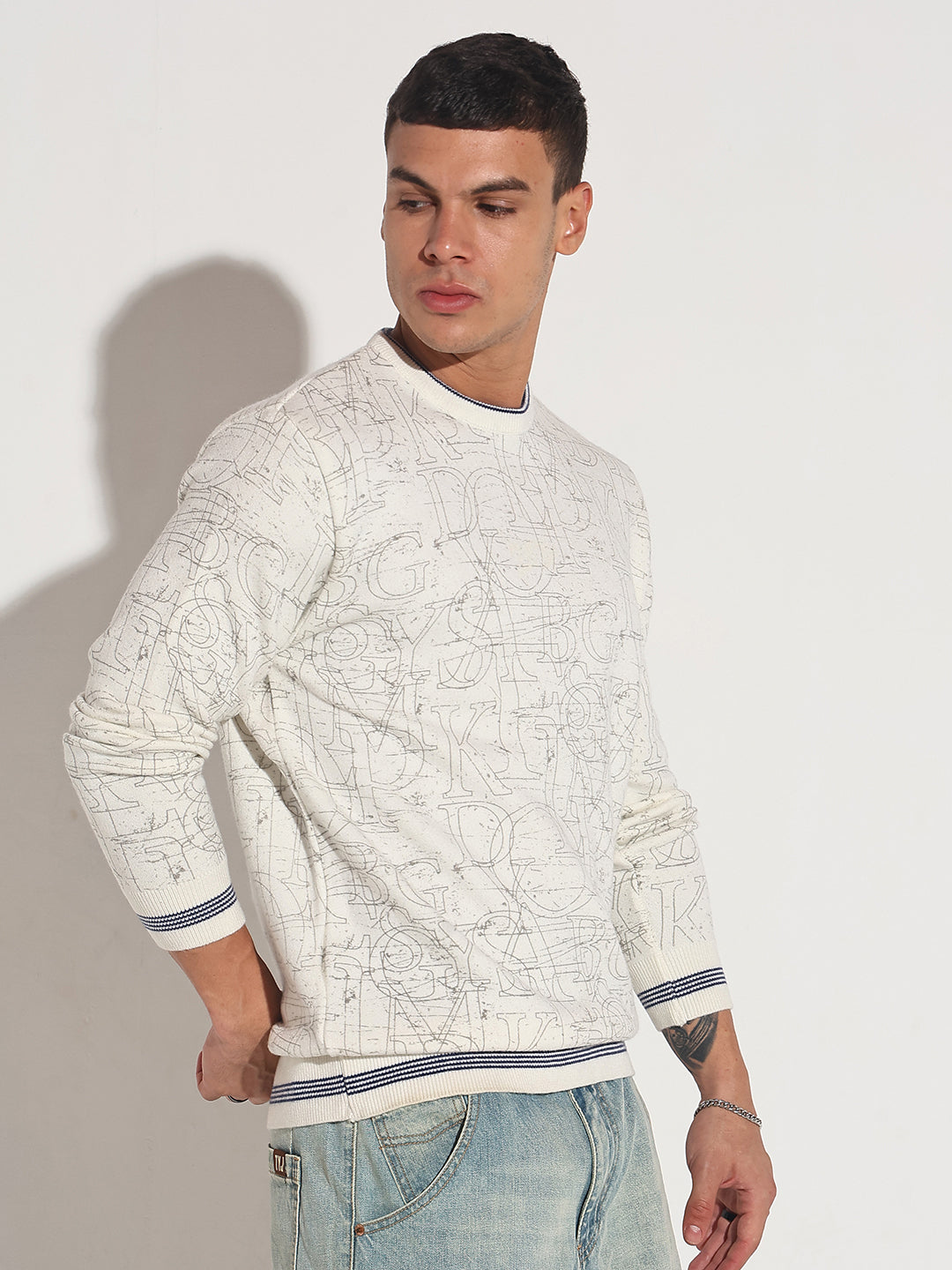 Men's Typography Off White Ribbed Round Neck Sweater