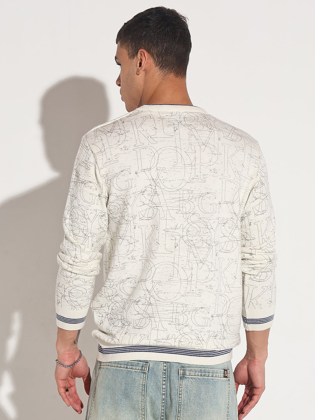 Men's Typography Off White Ribbed Round Neck Sweater
