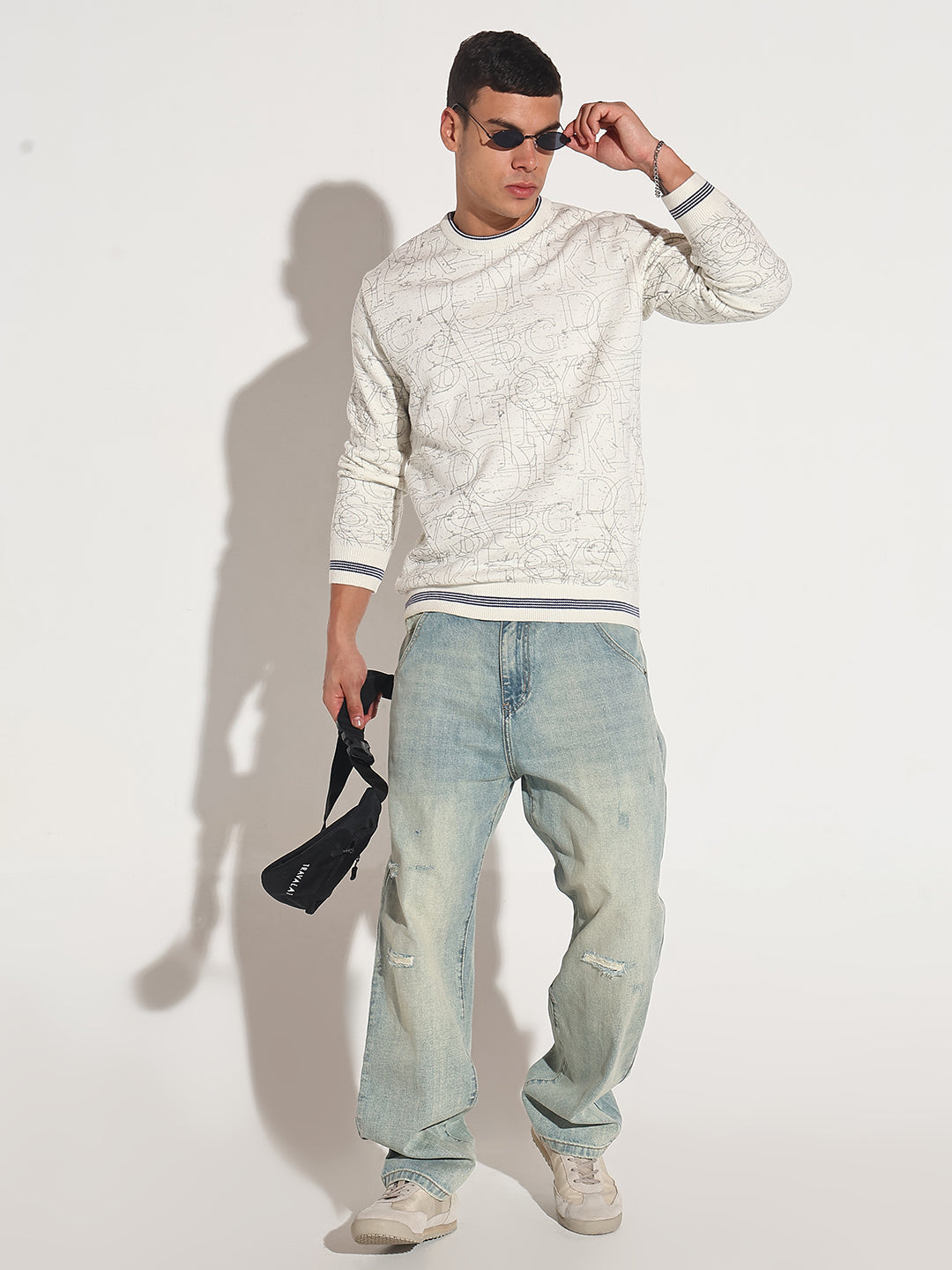 Men's Typography Off White Ribbed Round Neck Sweater