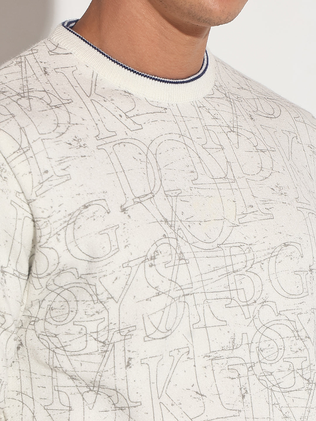 Men's Typography Off White Ribbed Round Neck Sweater