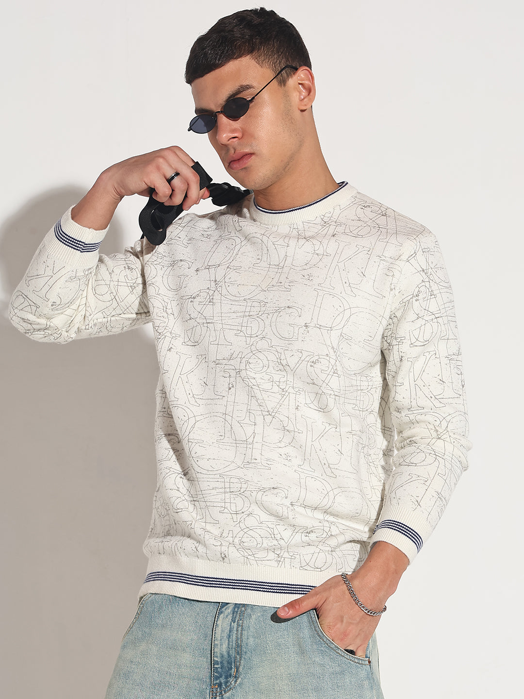 Men's Typography Off White Ribbed Round Neck Sweater