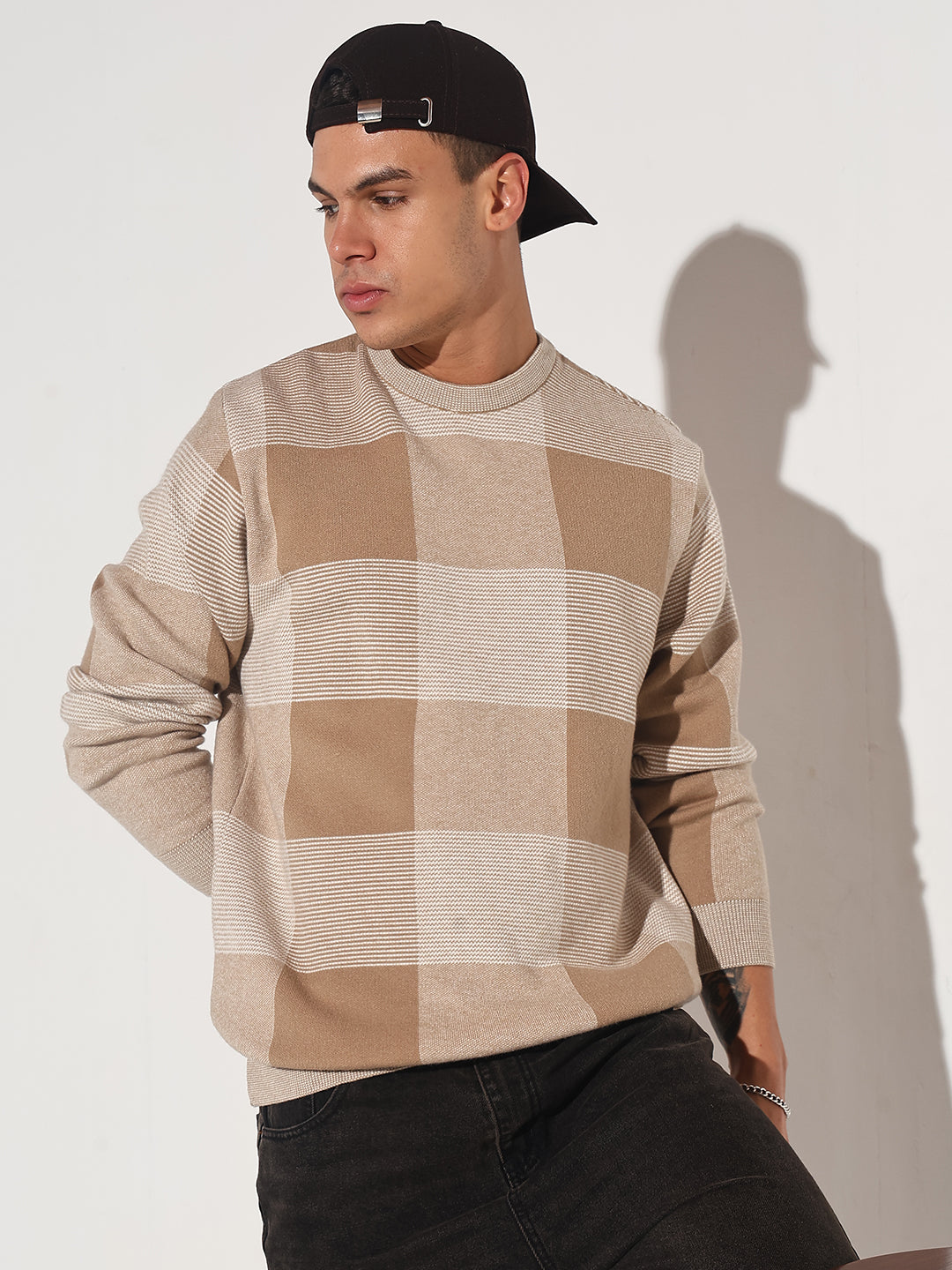 Men's Checked Brown Ribbed Round Neck Sweater