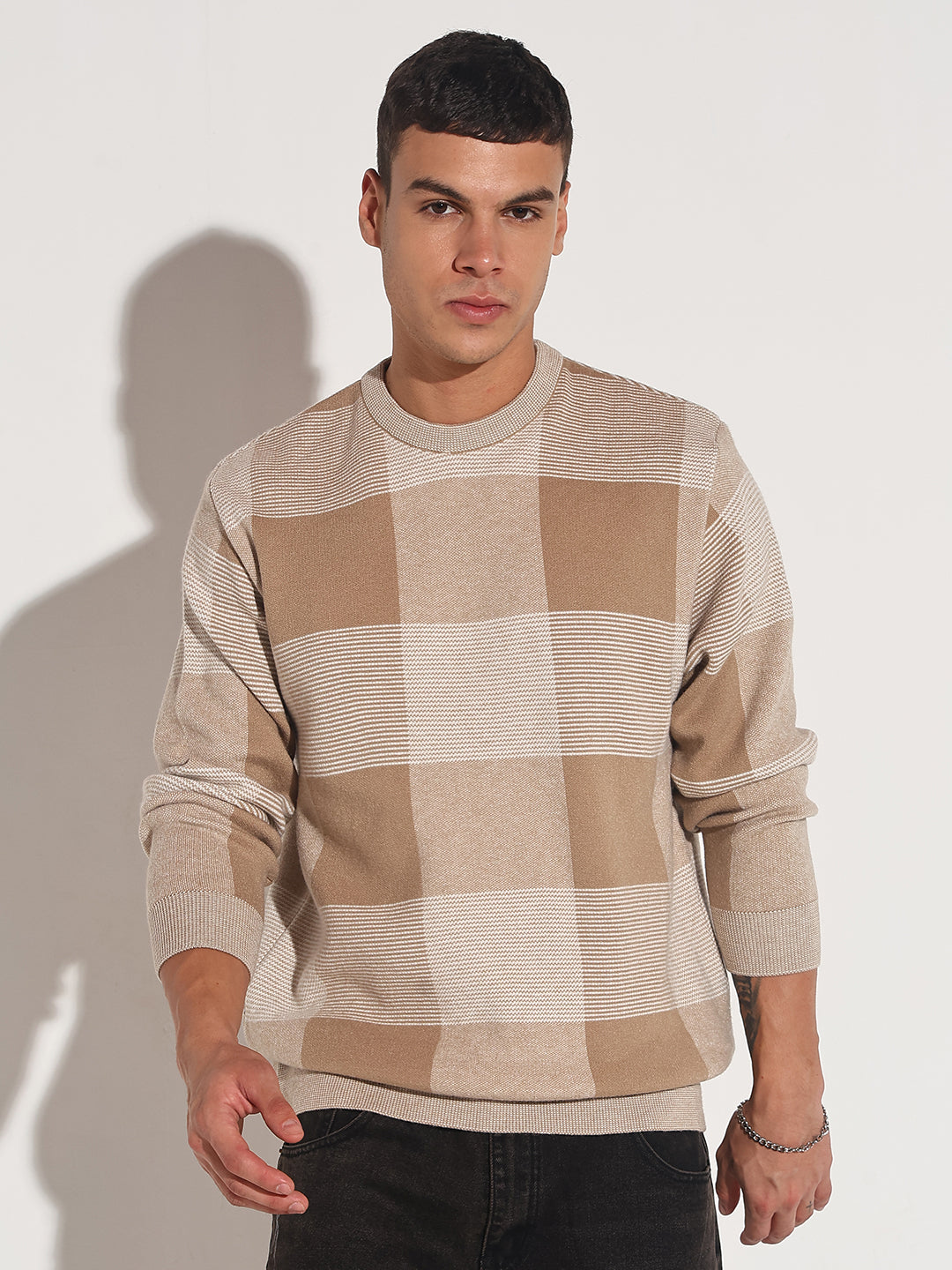 Men's Checked Brown Ribbed Round Neck Sweater