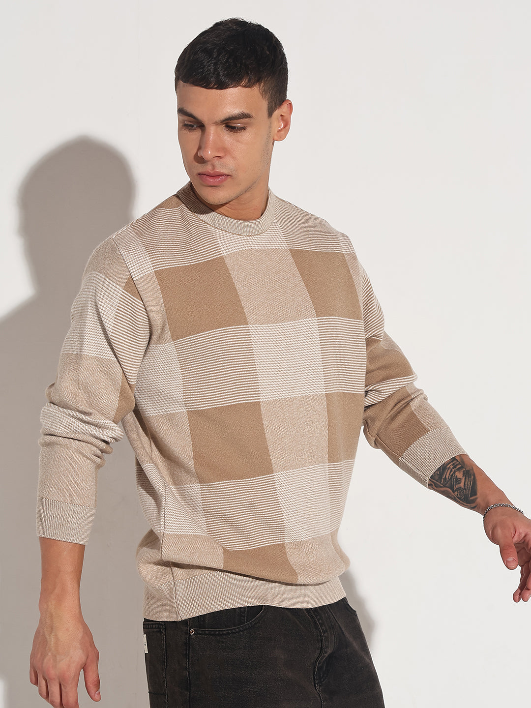 Men's Checked Brown Ribbed Round Neck Sweater