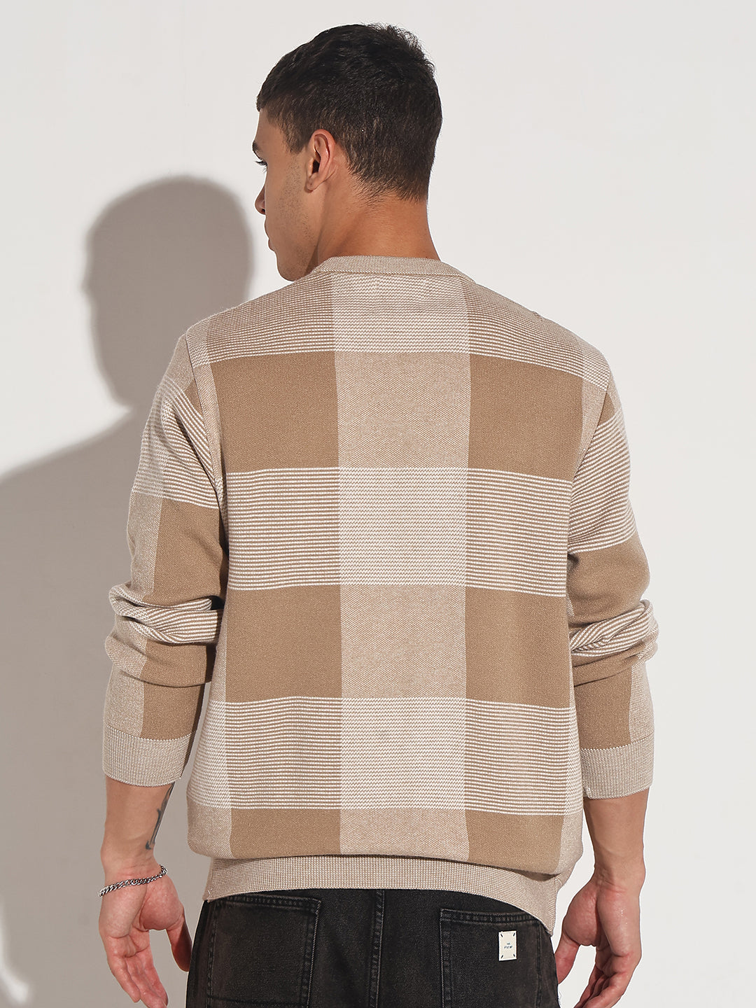 Men's Checked Brown Ribbed Round Neck Sweater