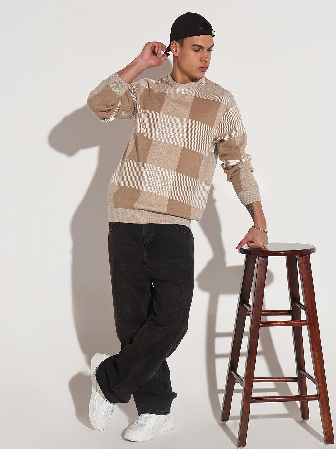 Men's Checked Brown Ribbed Round Neck Sweater