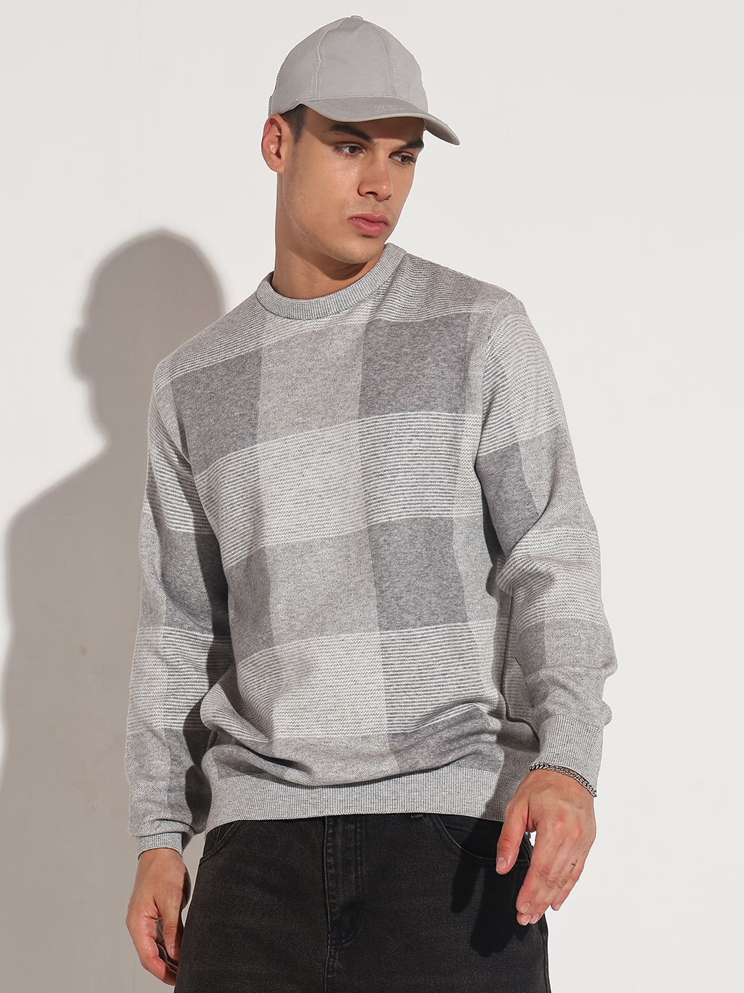 Men's Checked Grey Ribbed Round Neck Sweater