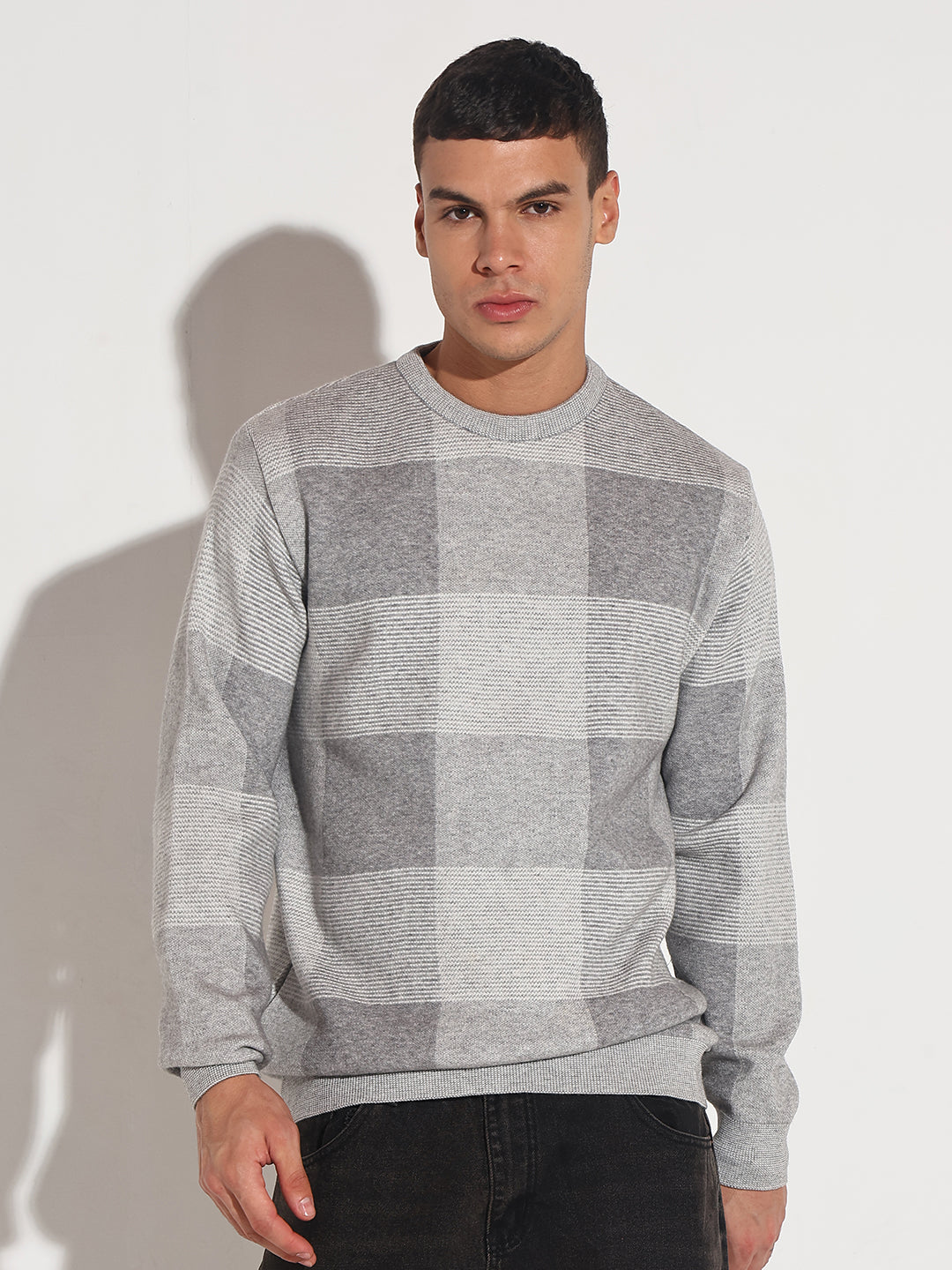 Men's Checked Grey Ribbed Round Neck Sweater