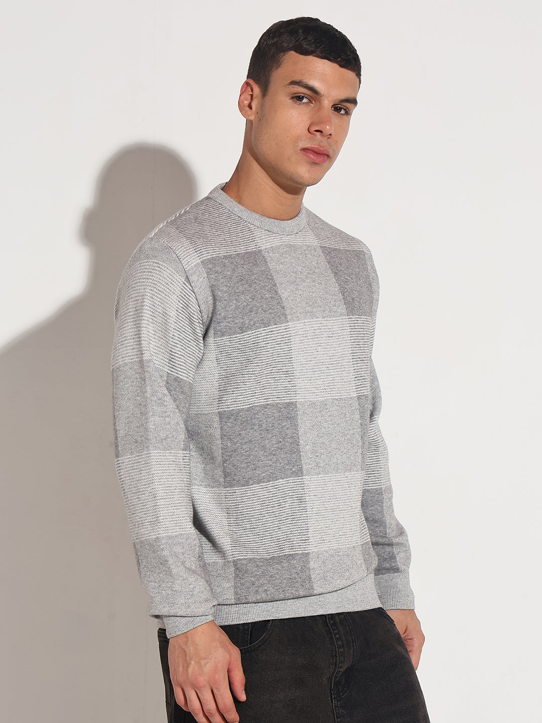 Men's Checked Grey Ribbed Round Neck Sweater