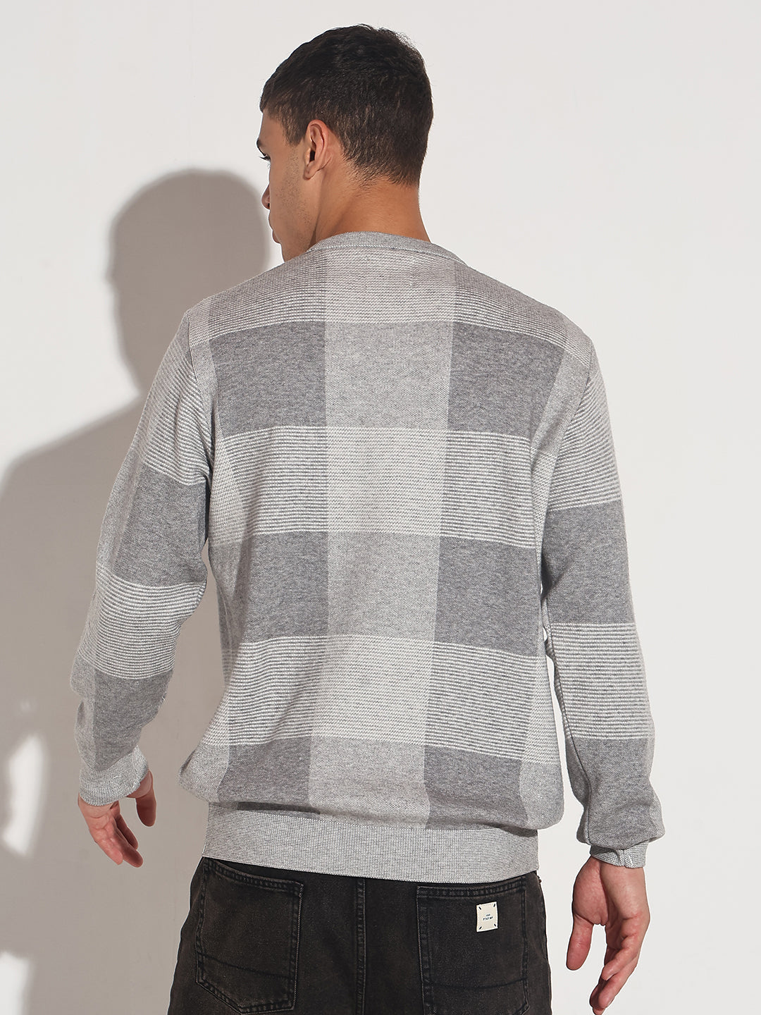 Men's Checked Grey Ribbed Round Neck Sweater