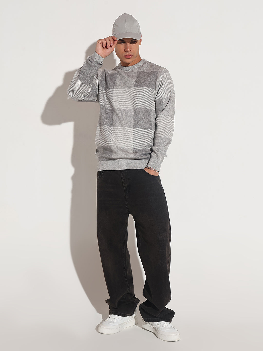 Men's Checked Grey Ribbed Round Neck Sweater