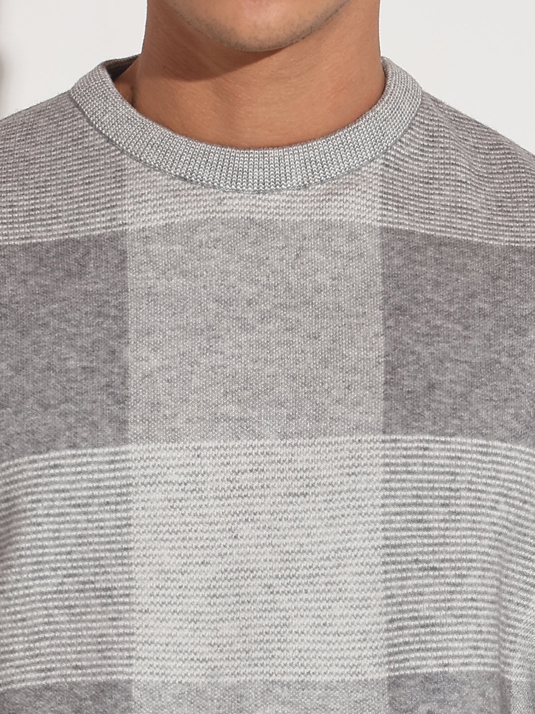 Men's Checked Grey Ribbed Round Neck Sweater
