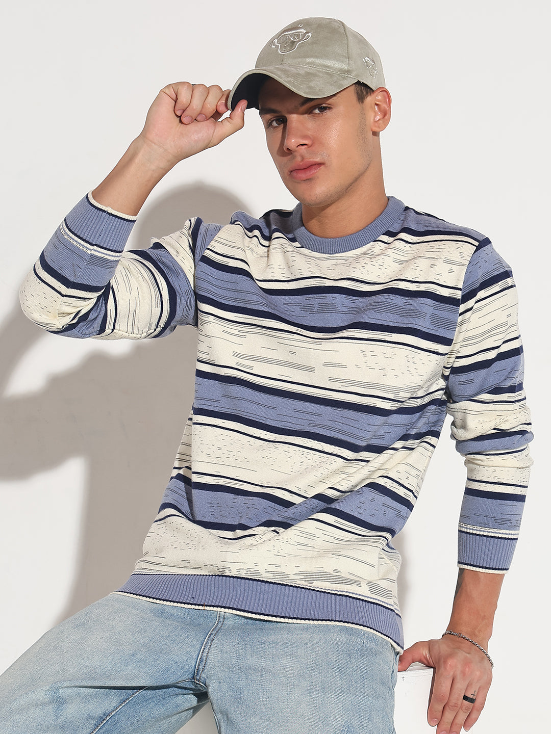 Men's Striped Blue Ribbed Round Neck Sweater
